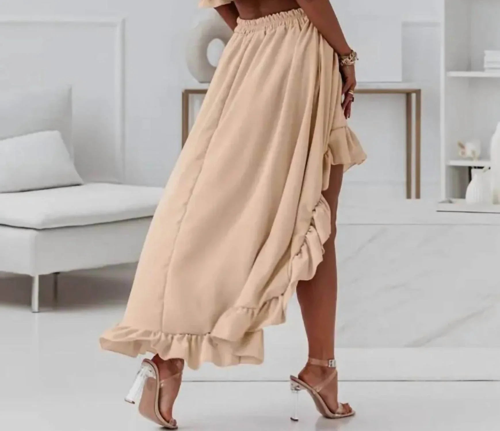 Tessa Off The Shoulder Cropped Hi Low Ruffled Two Piece Skirt Set