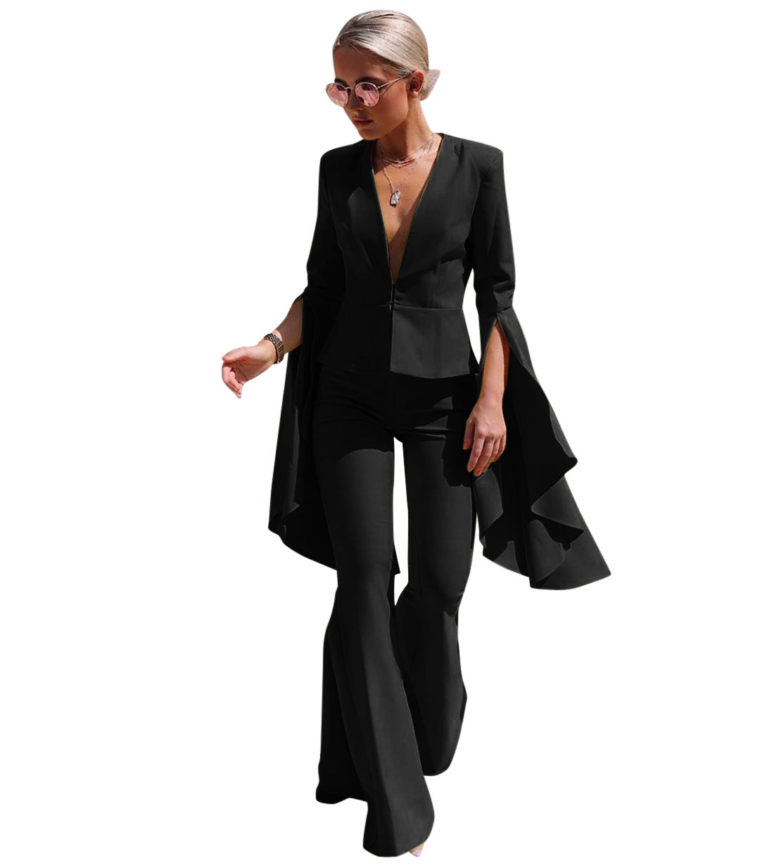 LS8021 Fashion Irregular Flare Pants Suit Set