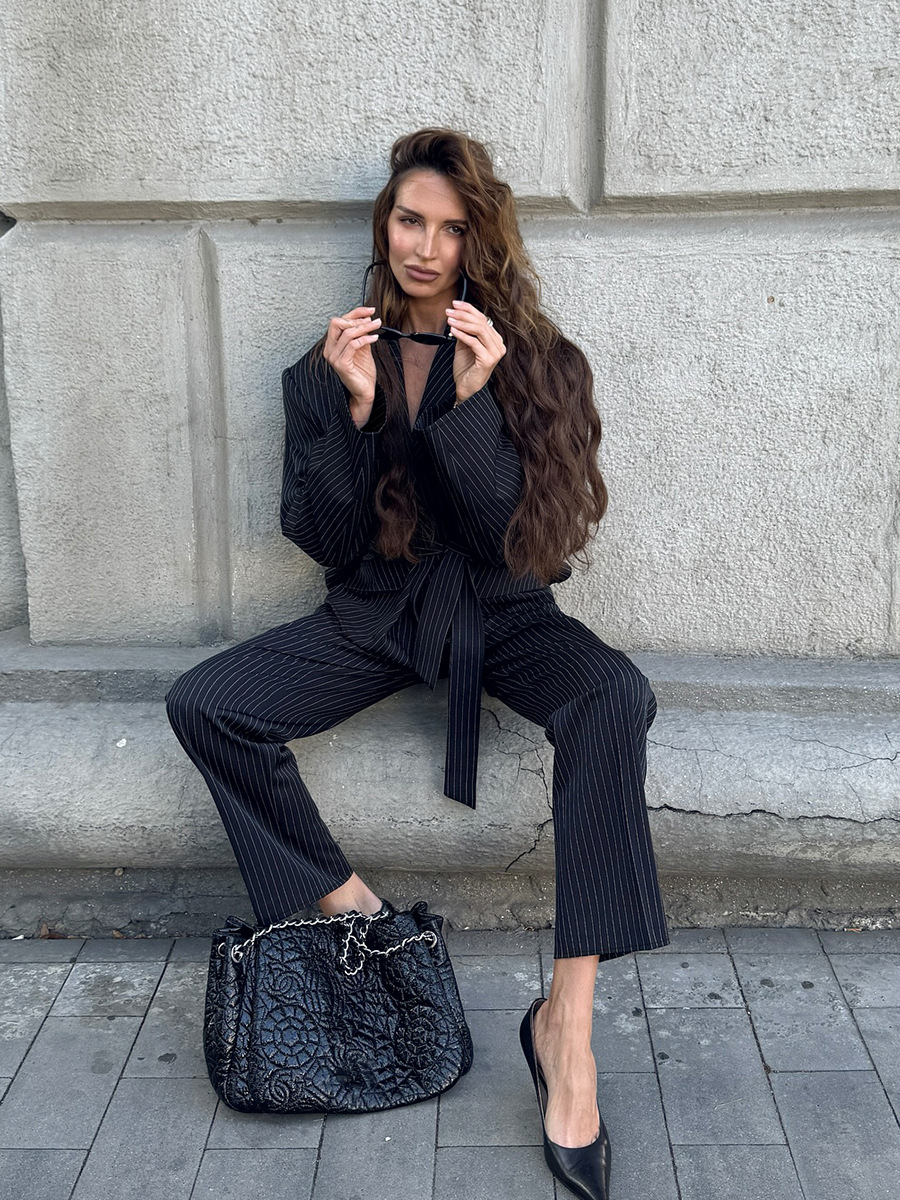 Striped Strappy Blazer & High-waisted Pants Suit