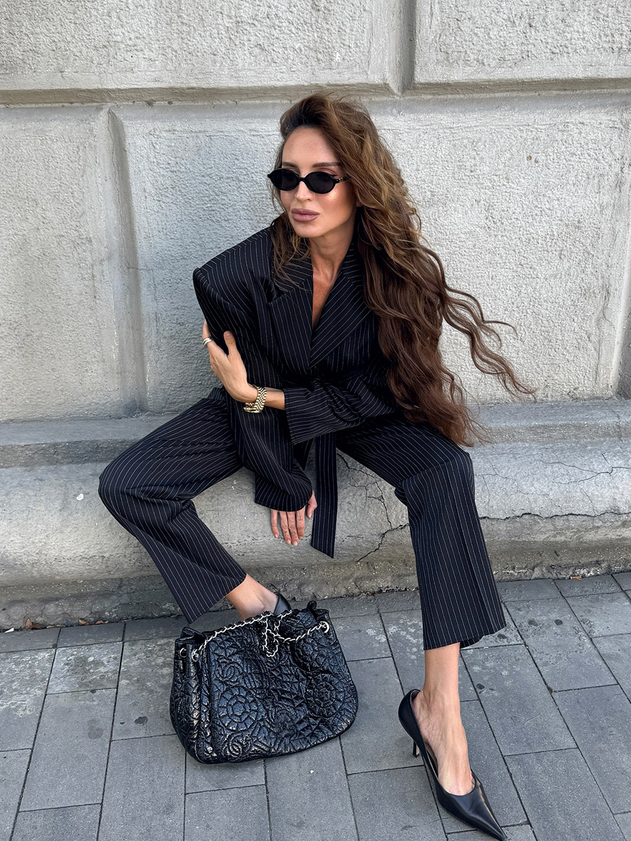 Striped Strappy Blazer & High-waisted Pants Suit