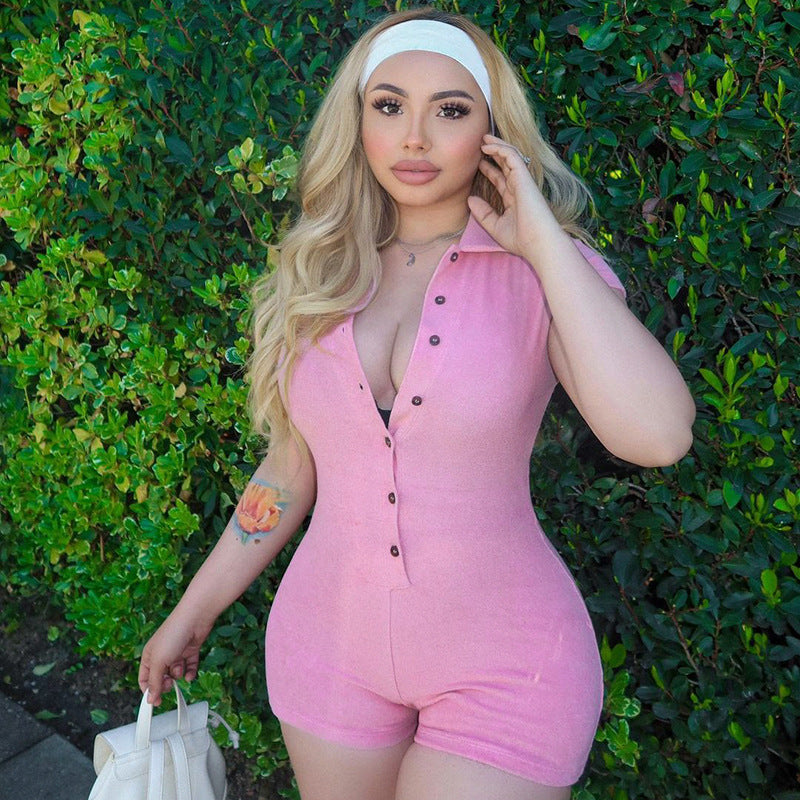 Summer 2023 Women's Casual Pink Button Romper