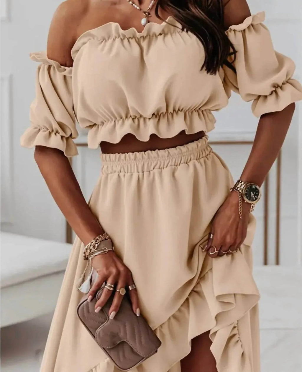 Tessa Off The Shoulder Cropped Hi Low Ruffled Two Piece Skirt Set