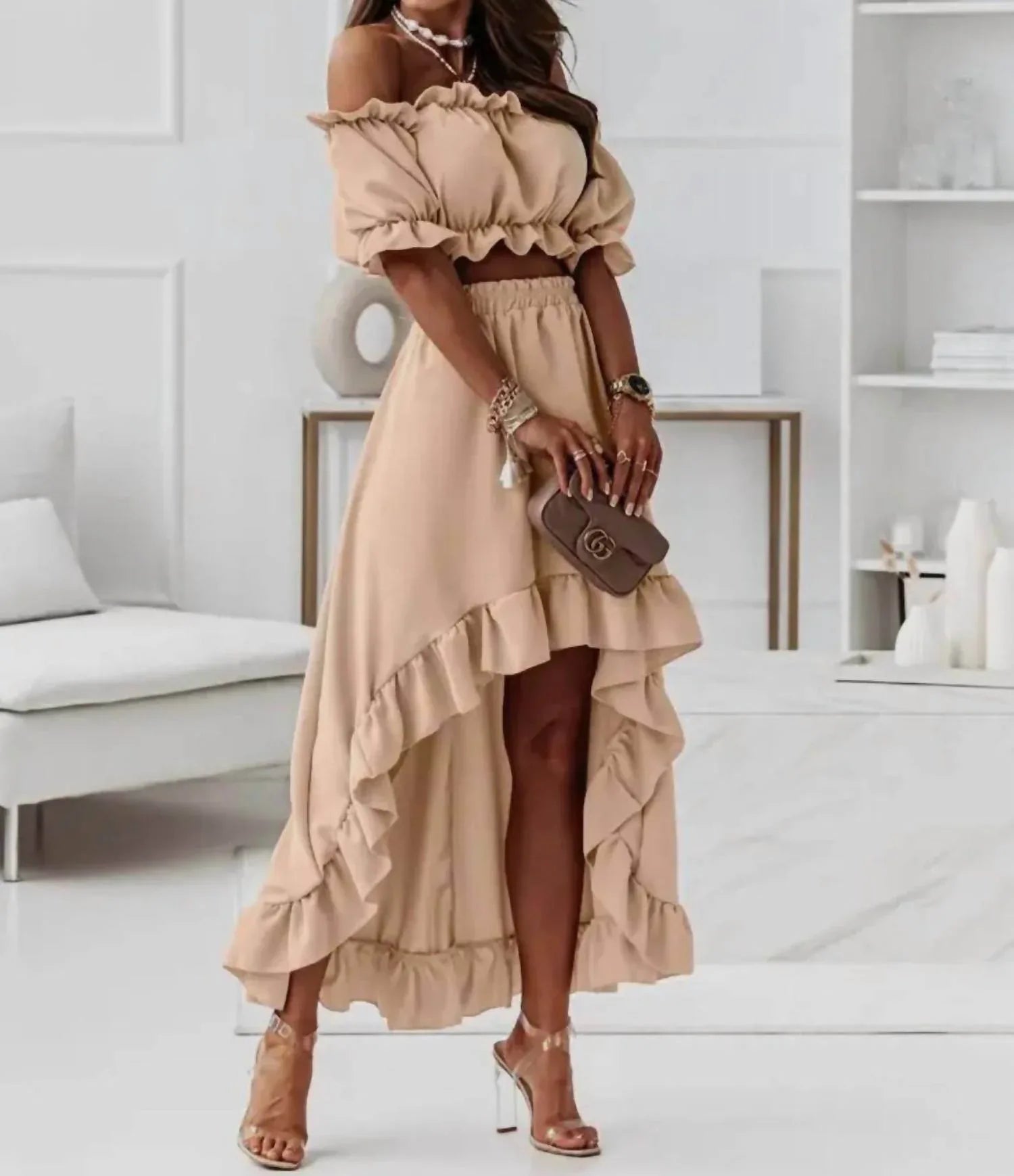 Tessa Off The Shoulder Cropped Hi Low Ruffled Two Piece Skirt Set