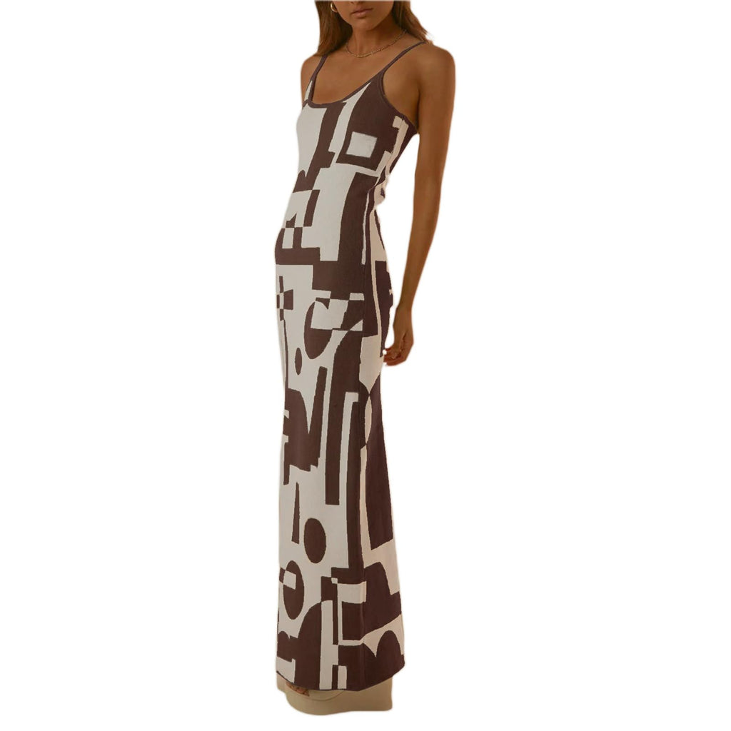 Fabumily Sexy Knit Bodycon Dress for Women Sleeveless Spaghetti Strap Cut Out Maxi Dress Backless Y2K Summer Beach Dresses (A- Coffee & Beige Medium)