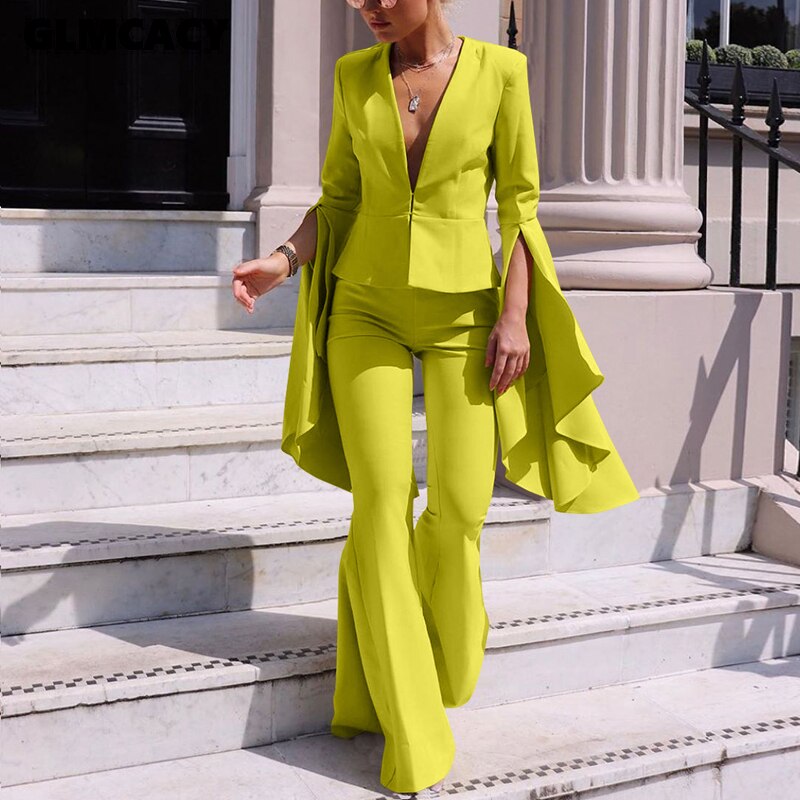 LS8021 Fashion Irregular Flare Pants Suit Set