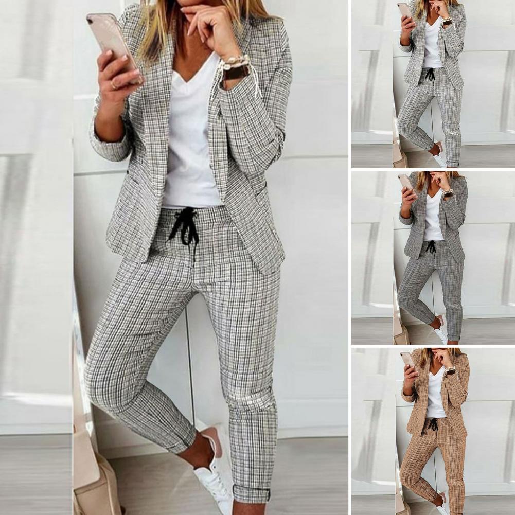 Women's Casual Plaid Suit with Pants