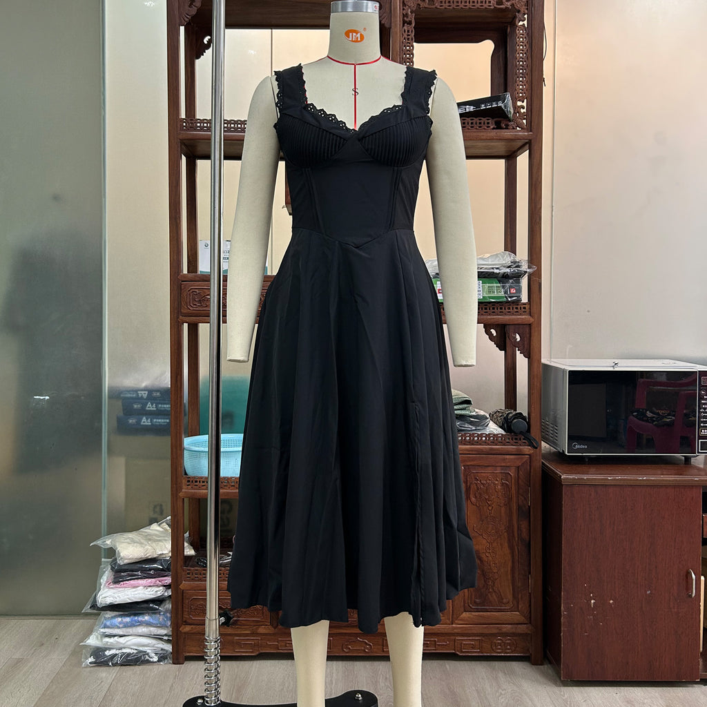 V-neck Lace Up Midi Skirt with Waist Trimming