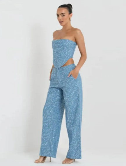 Denim Sequined Tube Top Pants Suit