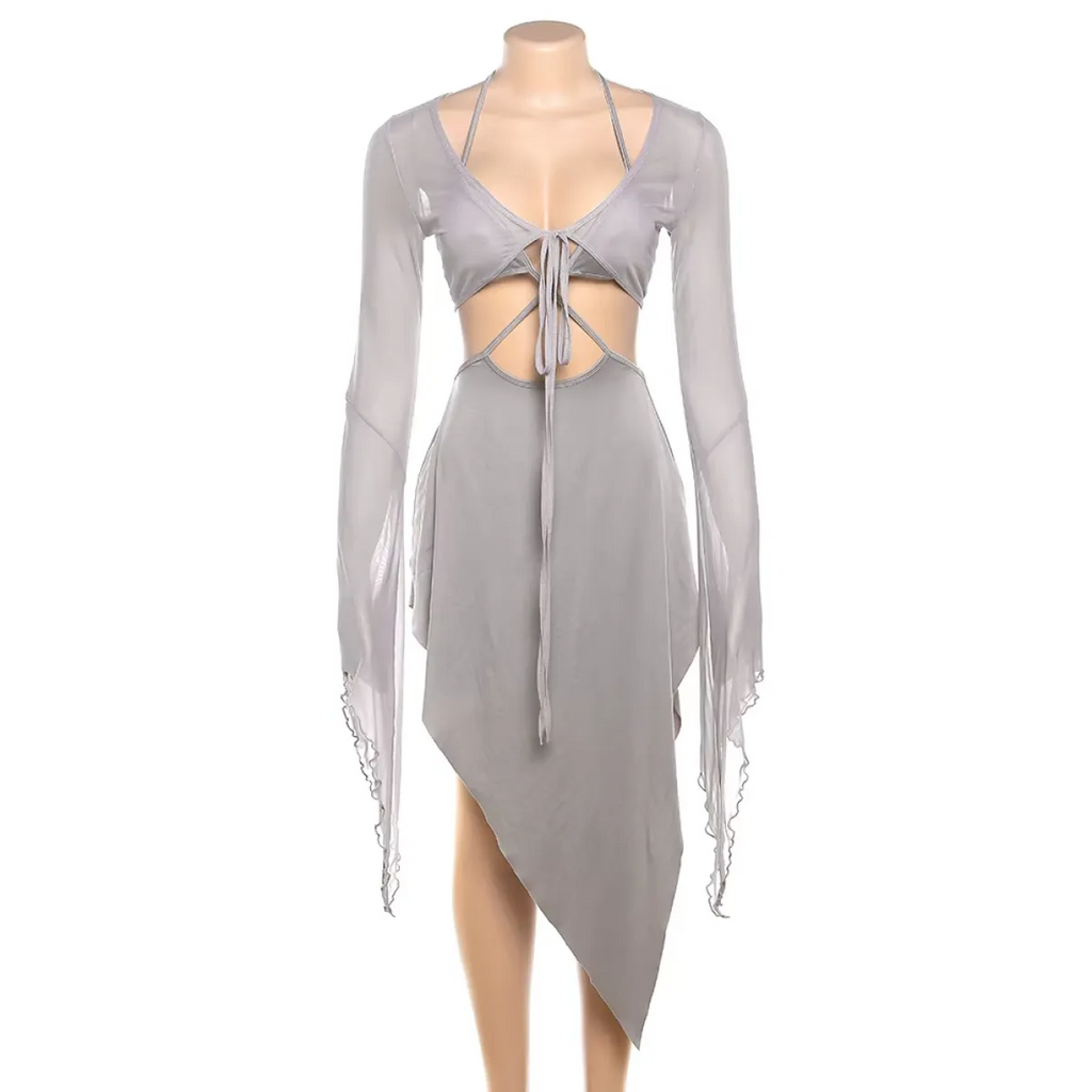 Gray Mesh Two-Piece Set – Halter Cutout Dress & Lace-Up Top